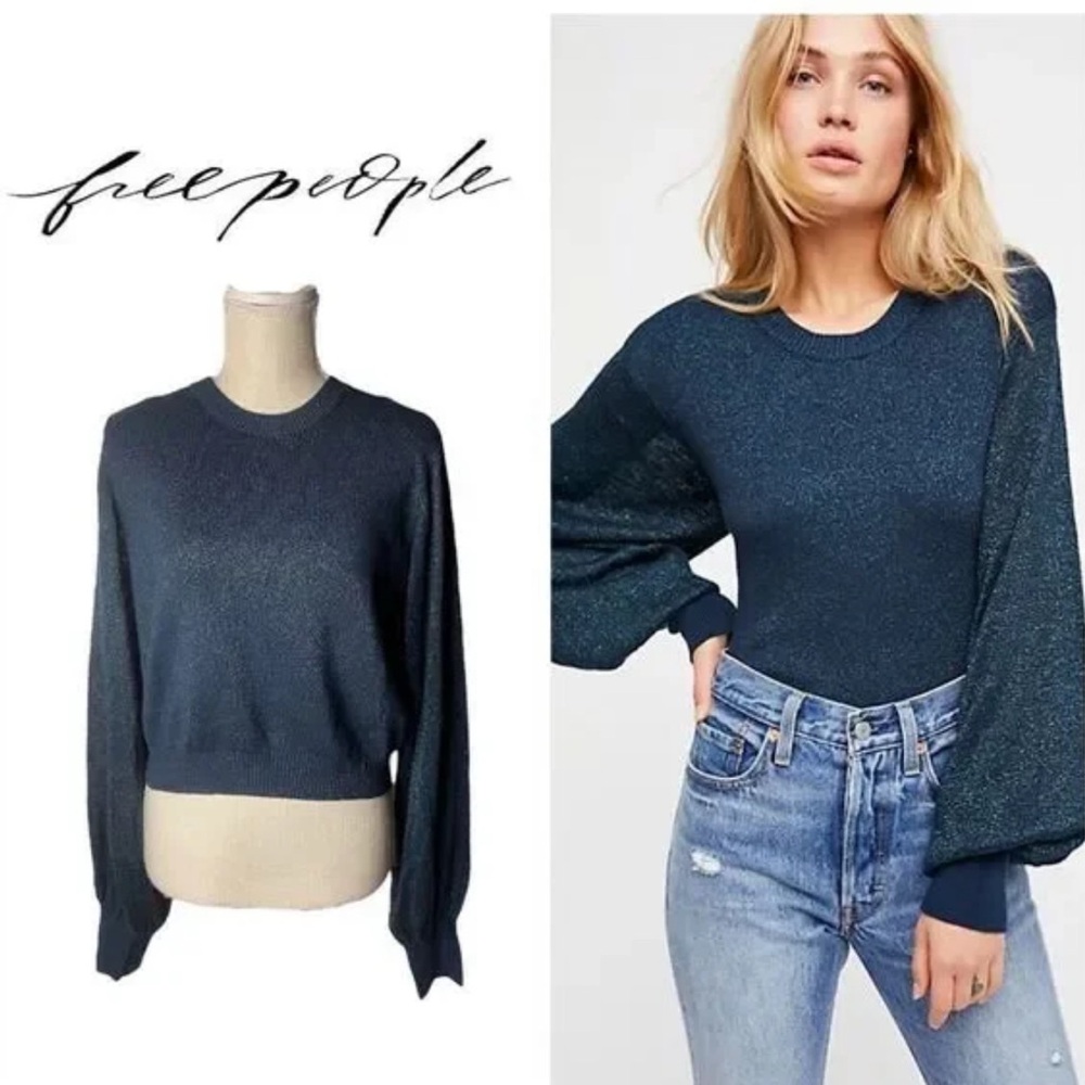 Free People Like New NightSky Metallic PullOver Sweater Blouse full-sleeve Sheer